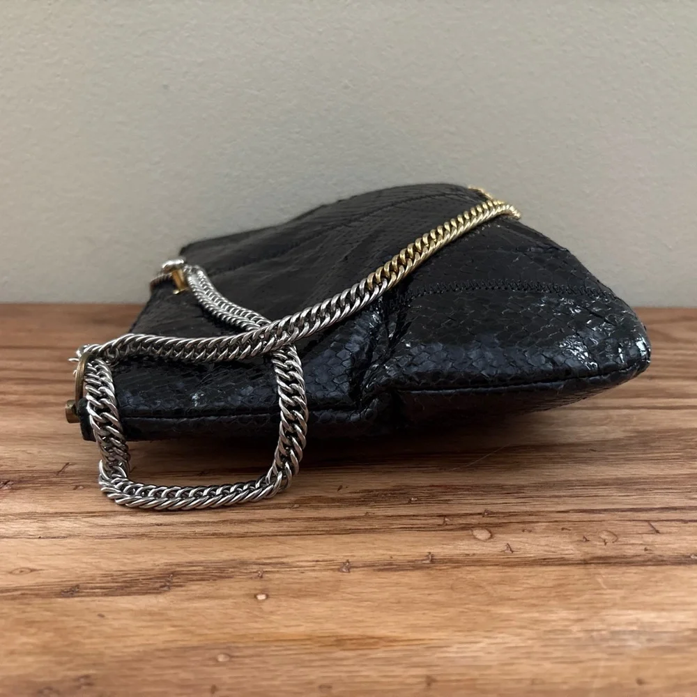 Ruth Saltz Black Snakeskin Shoulder Bag Adjustable Strap Purse Vintage Retro 80s